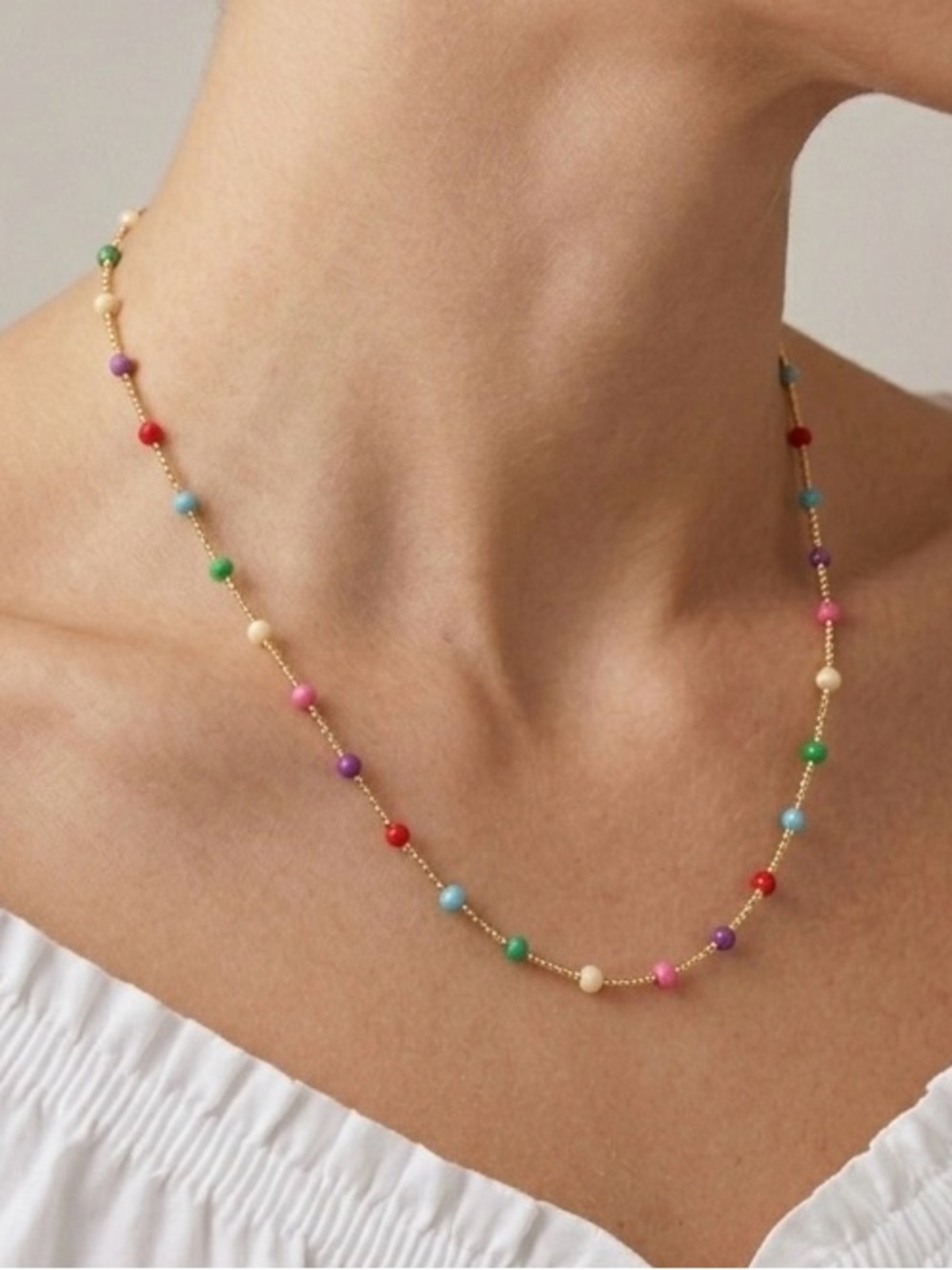 14K Gold Plated Colorful Bead Chain Necklace | Multicolor Beads Dainty Jewelry